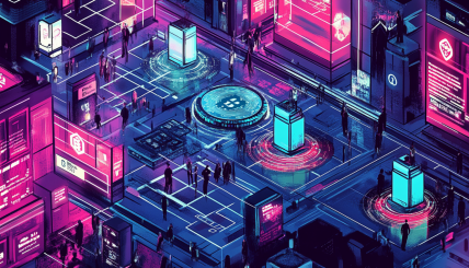 Illustration of a bustling blockchain network with numerous wallets, SPL tokens, and accounts being created, showcasing both human and bot interactions.