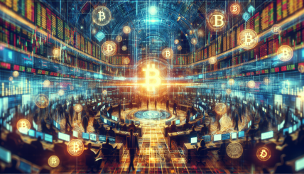 A vibrant and dynamic image depicting the bustling New York Stock Exchange with Bitcoin symbols and digital representations of cryptocurrencies prominently displayed, symbolizing the convergence of traditional finance and the emerging cryptocurrency market.
