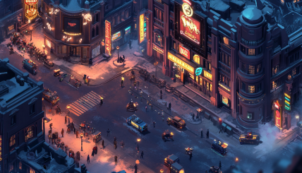 An immersive digital cityscape blending classic mafia themes with futuristic blockchain elements, showcasing a dynamic scene of players interacting with a digital economy.