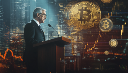 A dynamic collage showcasing Federal Reserve Chair Jerome Powell speaking at a podium, with visual elements representing the crypto market, such as Bitcoin and Ethereum symbols, fluctuating graphs, and a backdrop of Nashville's skyline. Include subtle references to inflation fears with dollar signs and gold bars.