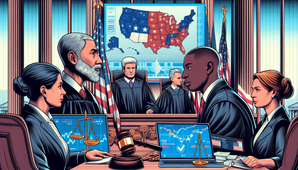 A courtroom scene with judges and lawyers debating the legality of election betting, with visual elements representing the U.S. elections and market integrity.