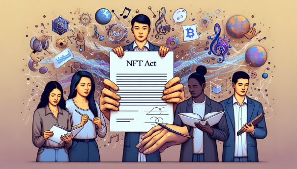 An illustration showcasing a legislative document with the title 'NFT Act' being supported by a diverse group of people, symbolizing public support. The background should feature blockchain elements like digital art, music notes, and literature symbols to represent various NFT use cases.