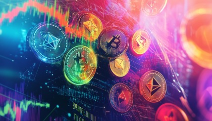 A vibrant and dynamic collage showcasing various popular memecoins with playful and colorful designs, set against a backdrop of digital currency symbols and graphs to reflect market trends.