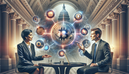 A vibrant image of Kamala Harris and Mark Cuban discussing cryptocurrency, with futuristic elements like AI icons and Bitcoin symbols in the background, all set against a backdrop of the US Capitol.