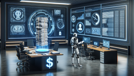 A futuristic office setting with a robotic assistant and a stack of financial documents, symbolizing OpenAI's financial challenges. Include elements like a countdown timer or an empty cash vault to emphasize the urgency.