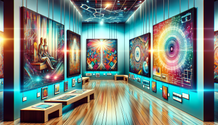 A vibrant display of digital art pieces, including generative art, displayed alongside traditional paintings in a modern gallery setting, highlighting the fusion of digital and traditional art forms in the context of NFTs and blockchain technology.