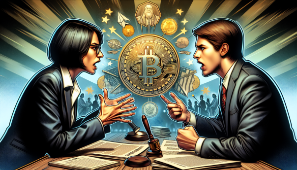 A dynamic political campaign scene with Elizabeth Warren and John Deaton, highlighting the tension over cryptocurrency regulation. Include symbolic elements like Bitcoin and legislative documents.