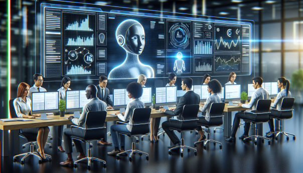A futuristic office setting with a diverse team of financial analysts using a sleek AI interface on their computers. The AI, represented as a glowing digital assistant, is helping with document summarization and idea generation. The backdrop should include elements of financial graphs and data charts.