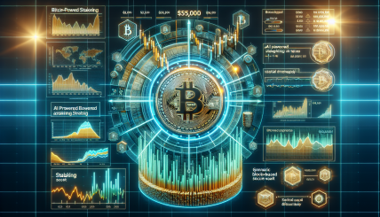 A digital chart showing Bitcoin price fluctuations with a highlighted $55,000 bottom level, and imagery of AI-driven staking strategies with CryptoBox, showcasing secure and optimized crypto investment.