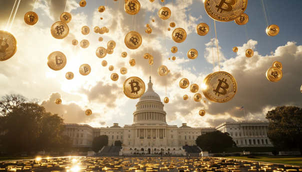 A dynamic image of blockchain tokens being airdropped from the sky, with a backdrop of the U.S. Capitol building. The image should convey both the technological aspect of crypto and the political scrutiny it faces.