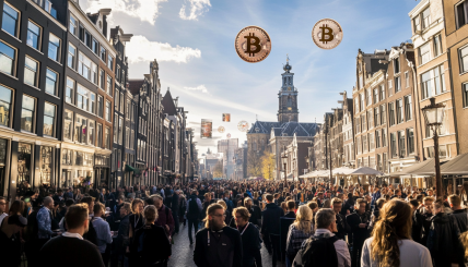 A bustling conference scene in Amsterdam with a diverse group of attendees, featuring iconic speakers like Jack Mallers and Adam Back, against a backdrop of digital Bitcoin symbols and European landmarks.