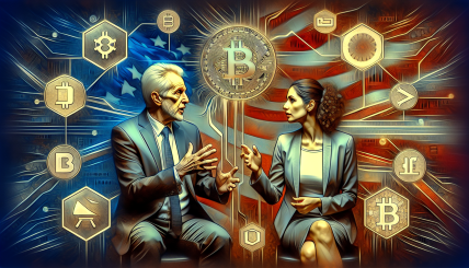 A dynamic and visually engaging scene featuring Robert F. Kennedy Jr. and Nicole Shanahan discussing their campaign, with elements of Bitcoin and cryptocurrency symbols, juxtaposed with images of Donald Trump and Kamala Harris, illustrating the political tension and strategic decisions.