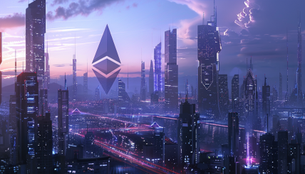 A futuristic cityscape with Ethereum symbols and blockchain elements, illustrating the growth and integration of Ethereum into the financial world.