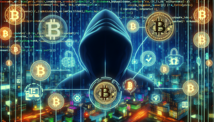 A mysterious figure shrouded in shadows, surrounded by symbols of Bitcoin and cryptography, with a backdrop of a bustling digital landscape.