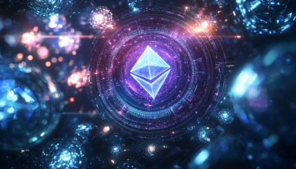 A futuristic digital token surrounded by Ethereum symbols, showcasing multiple layers and dimensions, with a hint of recursion and nested assets. Highlight the concept of 'inception' within the blockchain ecosystem.