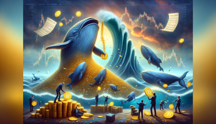 A dramatic depiction of Bitcoin whales accumulating BTC while smaller traders sell off, with a backdrop of fluctuating Bitcoin price charts and a looming US jobs data report.