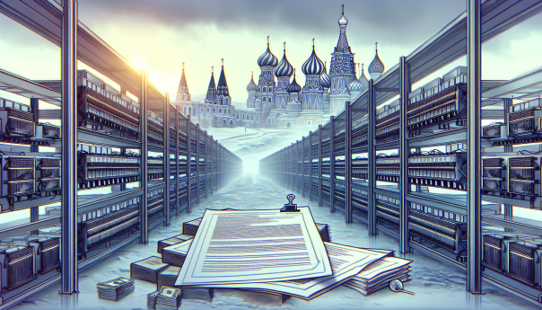 A large-scale industrial cryptocurrency mining farm in Russia with rows of mining machines, cold climate, and a backdrop of Russian landmarks. Include a symbolic representation of regulatory documents and government buildings.