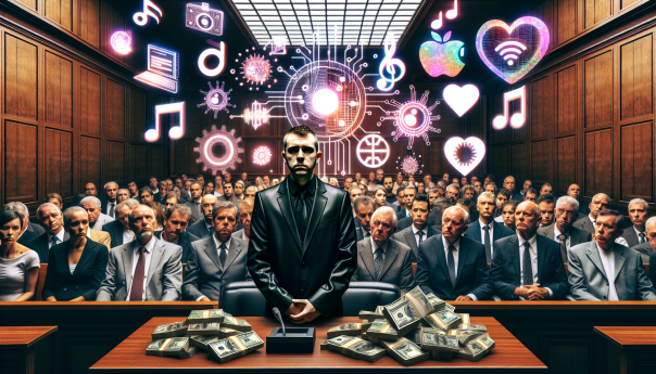 A courtroom scene with a musician on trial, surrounded by symbols of artificial intelligence, streaming platforms like Spotify and Apple Music, and stacks of money. The atmosphere should be tense, reflecting the gravity of the charges against him.