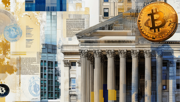 A collage depicting U.S. federal bank buildings with crypto symbols and regulatory documents, highlighting the tension between banking institutions and the crypto industry.