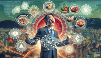 A dynamic depiction of Japan's Prime Minister Shigeru Ishiba enthusiastically discussing blockchain and NFTs, with visual elements representing regional Japanese food and tourism, intertwined with digital blockchain and NFT icons.