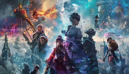 A vibrant collage featuring characters from Final Fantasy XIV: Dawntrail, Darkest Dungeon 2, Flintlock, and Frostpunk 2, set against a backdrop of a futuristic cityscape and mythical landscapes, with elements of 19th-century fashion and Japanese folklore.