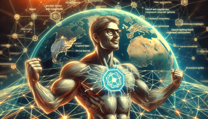 A futuristic blockchain network spanning over 100 countries, highlighting advanced cryptographic features and token-based governance. Include a visual representation of Charles Hoskinson celebrating the upgrade, with a backdrop of seamless global coordination and decentralized systems.