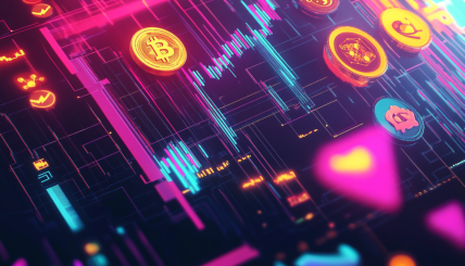 A dynamic and colorful illustration depicting the rise of memecoins in the cryptocurrency market, showcasing digital coins with meme-inspired designs surrounded by social media symbols and upward-trending graphs.