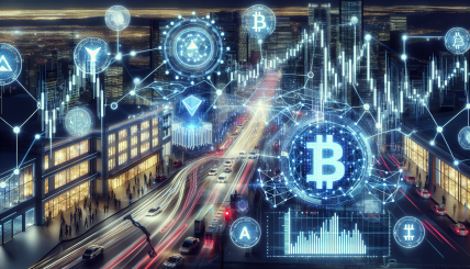 A futuristic depiction of a bustling cryptocurrency exchange platform, with digital traffic signals and fluctuating cryptocurrency graphs, highlighting the role of AI in predicting and managing user traffic spikes.