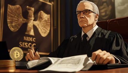 A courtroom scene depicting a judge and legal documents with cryptocurrency symbols, highlighting the tension and significance of the Ripple vs. SEC case.