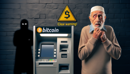 A concerned elderly person standing near a Bitcoin ATM, with warning signs about scams and a shadowy figure in the background representing a scammer.