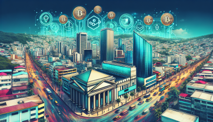 A dynamic image showcasing the vibrant crypto community in the Dominican Republic, with elements of blockchain technology, the Central Bank, and the bustling cityscape of Santo Domingo.