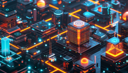 A futuristic financial landscape with digital assets represented as tokens on a blockchain grid. Include elements like real estate, money market funds, and institutional investors interacting with digital interfaces.