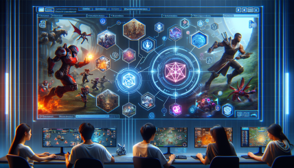 A futuristic gaming interface showcasing various RPG, strategy, and MMORPG games, with seamless integration of Web2 and Web3 elements, blockchain symbols, and diverse gamers engaging with the platform.