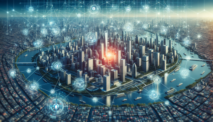 A futuristic cityscape showing various decentralized physical infrastructure networks like IoT sensors, energy grids, and solar panels, all connected by a blockchain network.
