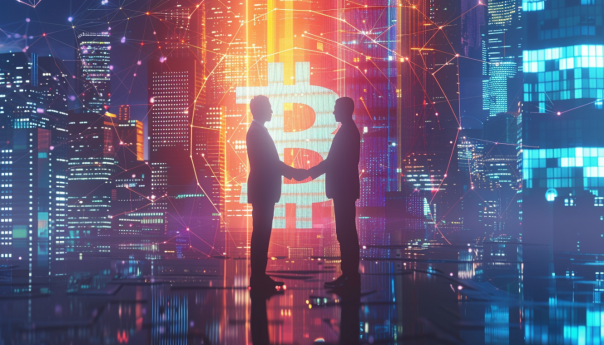 A futuristic, sleek image of financial executives from Franklin Templeton and SBI Holdings shaking hands in front of a digital Bitcoin symbol. The backdrop features Japanese financial district skyscrapers and a blockchain network visual.