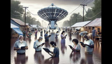 A dramatic scene showing people in a flood-ravaged North Carolina using iPhones to send messages via satellite. Include a clear depiction of Elon Musk's Starlink terminals being deployed in the background.