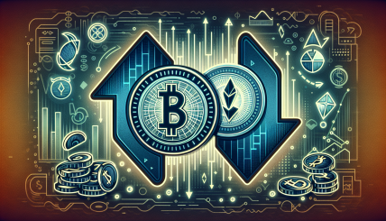 Illustration of Solana and Toncoin logos with declining arrows, juxtaposed with Rollblock logo soaring upwards among a backdrop of digital casino elements, Ethereum logo, and passive income icons.