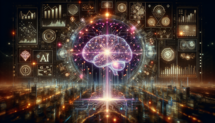 A futuristic scene showing a superintelligent AI represented by a glowing digital brain, dominating a financial market with charts and graphs surrounding it. Include elements of cryptocurrency symbols, blockchain visuals, and global stock market indicators.