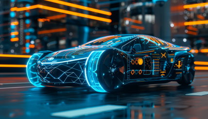 A futuristic Toyota car integrated with digital blockchain elements, Ethereum logos, and symbols of autonomous driving technology.