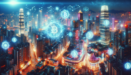 A bustling Asian cityscape with digital cryptocurrency symbols and blockchain elements integrated into the scenery, showcasing innovation and technological growth.