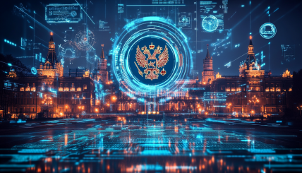 An image depicting the Russian Central Bank's emblem alongside digital financial assets and blockchain technology elements, showing real-time data monitoring on screens, with a backdrop of Russian landmarks.