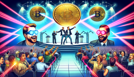 A vibrant and dynamic scene featuring Elon Musk with laser eyes, Donald Trump, and a bustling Bitcoin Conference in Nashville. Include elements like a futuristic conference stage, Bitcoin symbols, and an excited crowd.