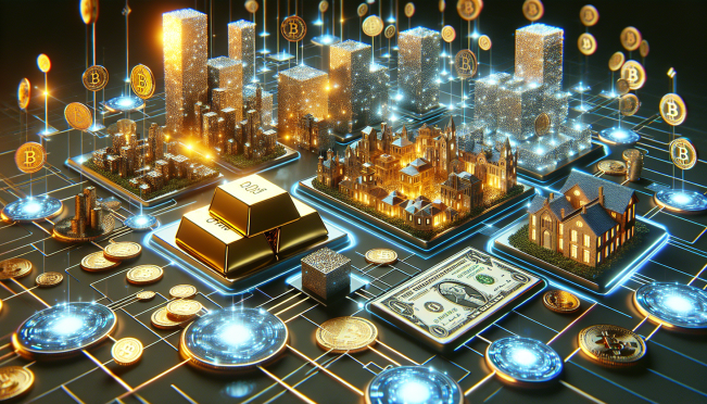 A futuristic depiction of blockchain technology with diverse real-world assets being tokenized, including gold bars, real estate, and stock certificates, all interconnected by digital chains.