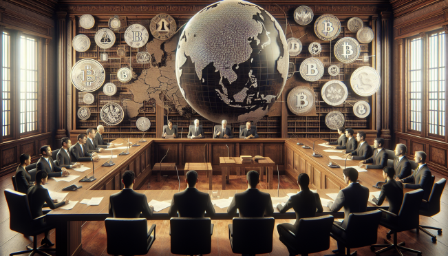 A courtroom scene with Binance and Canadian regulatory figures, featuring legal documents and cryptocurrency symbols. Include a globe to represent Binance's global legal challenges.