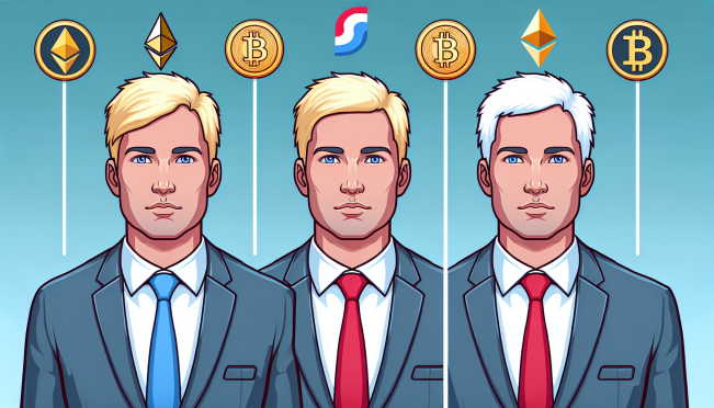 A split image with Donald Trump and Joe Biden, each surrounded by symbols of cryptocurrency like Bitcoin and Ethereum logos, highlighting the political clash over digital assets.