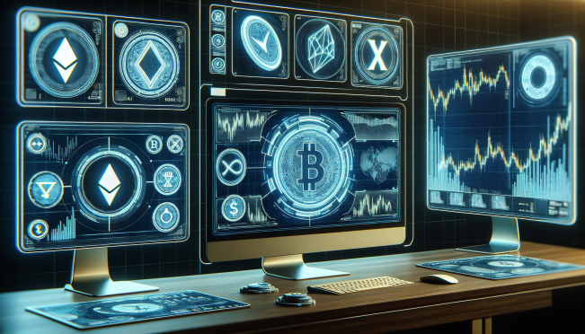 A sleek, professional desktop setup with multiple screens displaying dynamic crypto trading charts, including Revolut X's logo and a variety of cryptocurrencies like XRP, Bitcoin, and Ethereum, symbolizing a new era in professional crypto trading.