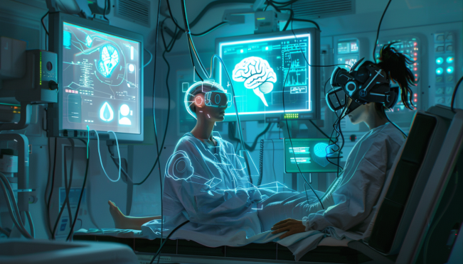 A patient with severe neurological conditions using a brain-computer interface to communicate with a doctor, showcasing advanced technology, wires, and screens, with a futuristic and hopeful atmosphere.