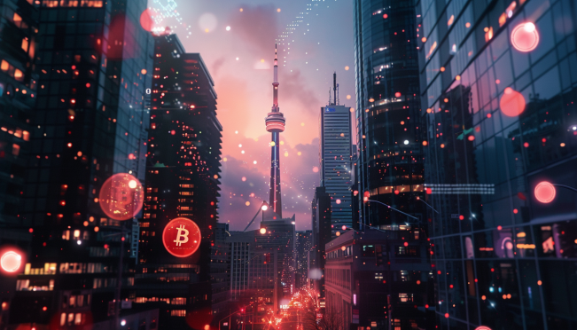 A futuristic cityscape featuring iconic commercial buildings like Toronto's Eaton Center, with digital tokens floating around them, symbolizing tokenized real estate investment. Include elements of blockchain and institutional investors.