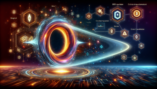 a futuristic digital representation of Wormhole (W) being listed on OKX exchange, highlighting the cross-chain transaction technology in a visually engaging and innovative manner