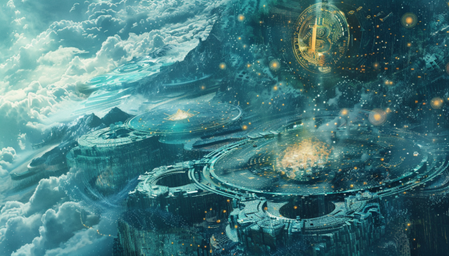 A futuristic digital landscape showcasing Bitcoin symbols interwoven with abstract representations of Runes and Ordinals, highlighting the evolution and innovation within the blockchain ecosystem.